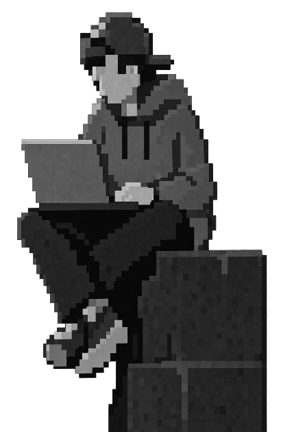 Grayscale pixel artist working on a laptop, seated above a quiet city